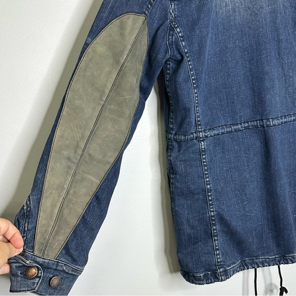 Zara Women’s Blue Distressed Denim Leather Elbow Patches Drawstring Jacket S - Picture 8 of 15